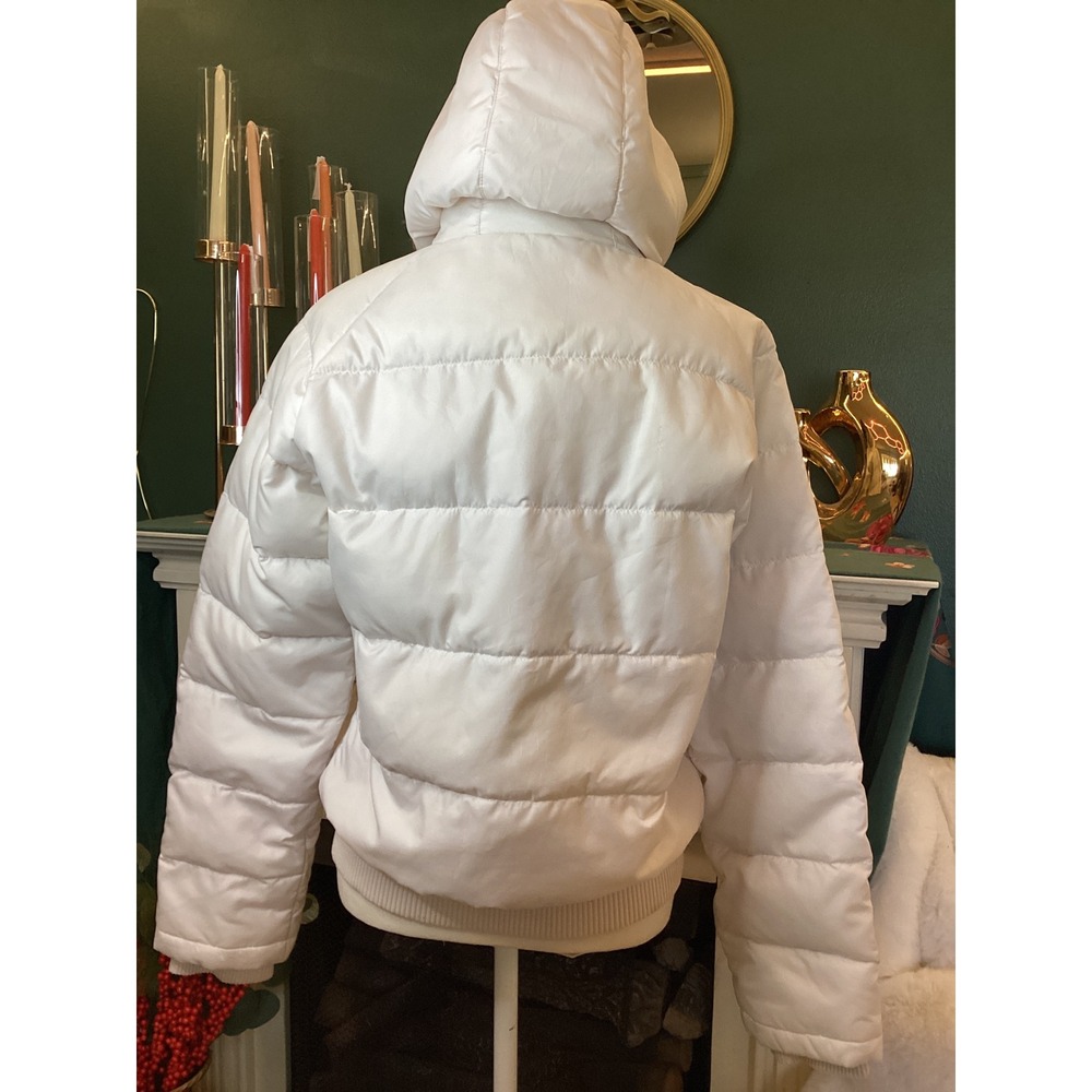 Polo Jeans Co Down Puffer Jacket Women Medium White Good Faux Fur Hood Bomber - Picture 8 of 9
